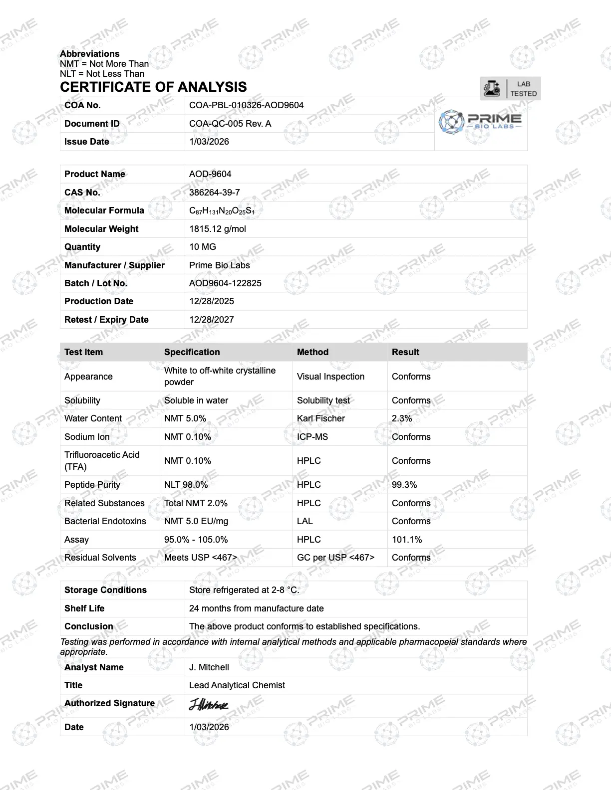Certificate of analysis (COA) for AOD-9604 — ≥98% purity specification by HPLC