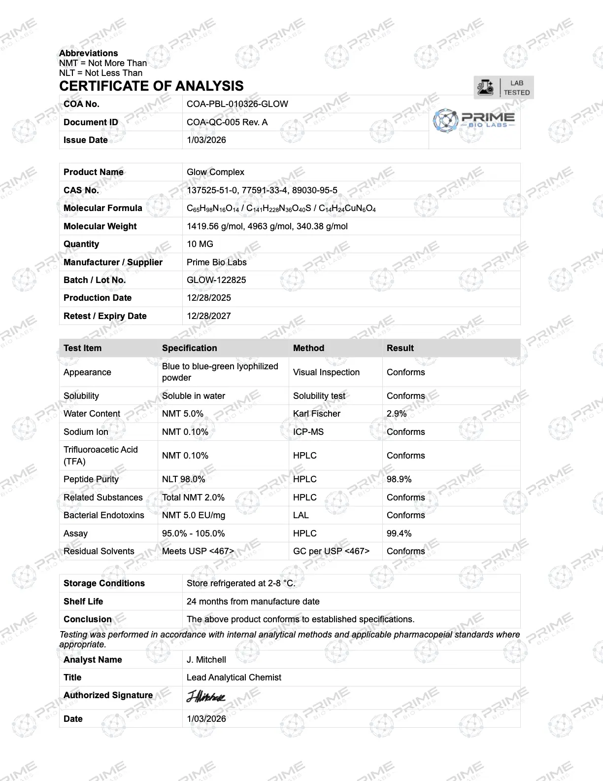 Certificate of analysis (COA) for BPC-157 · TB-500 · GHK-Cu (GLOW) — ≥98% purity specification by HPLC