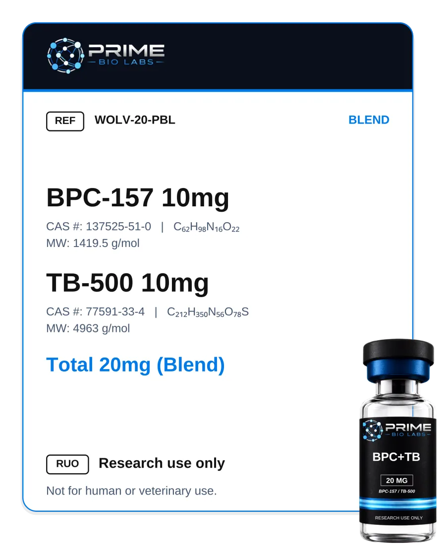 BPC-157 10 mg + TB-500 10 mg (20 mg) — featured research compound, ≥98% purity by HPLC-UV